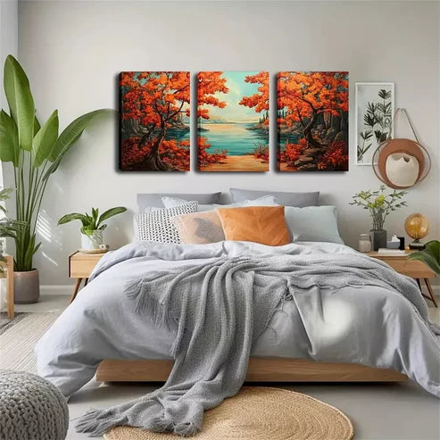 3pcs Autumn Trees and Lake Landscape Wall Art Canvas Unframed - High Quality Print 100% Australian Made Wall Canvas