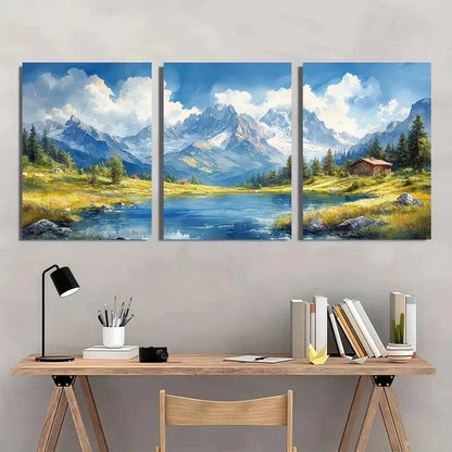 3pcs Alps Mountain Valley Watercolor Landscape Metal Print Ready to Hang Art - Bella Home Decor
