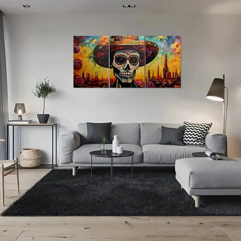 3pcs Day of the Dead Skull Triptych Painting Metal Print Ready to Hang Art - Bella Home Decor
