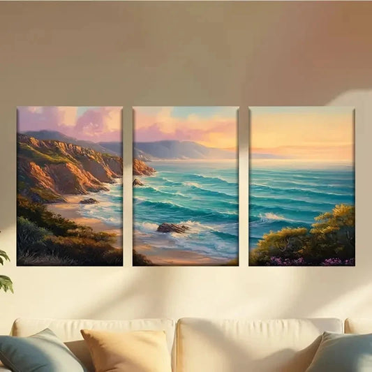 3pcs Painting of a Beach Scene with Waves Wall Art Set Canvas Framed 40x60cm - High Quality Print 100% Australian Made Wall Canvas Ready to Hang