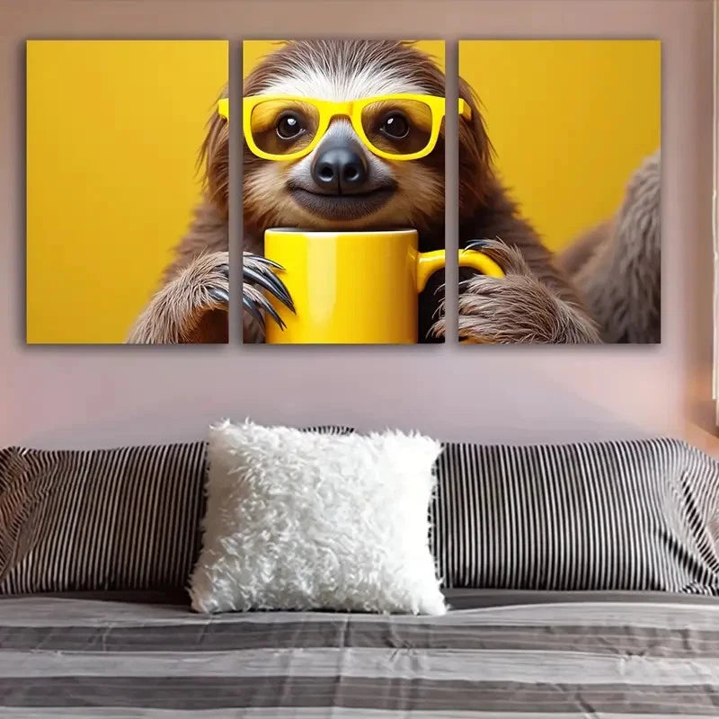 3pcs Lazy Sloth In Glasses Wall Art Set Canvas Framed 60x90cm - High Quality Print 100% Australian Made Wall Canvas Ready to Hang