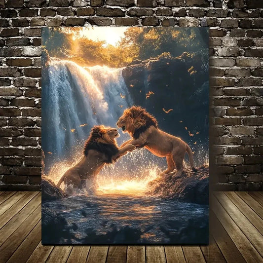 Dreamlike Lion Playful Scene Near Painting 40x60cm Metal Print Ready to Hang