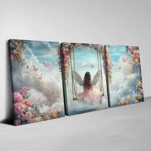 3pcs Enchanting Angel Sitting on a Floral Swing Wall Art Canvas Unframed - High Quality Print 100% Australian Made Wall Canvas