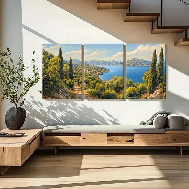 3pcs Mediterranean Coastal Landscape Mountains Metal Print Ready to Hang Art - Bella Home Decor