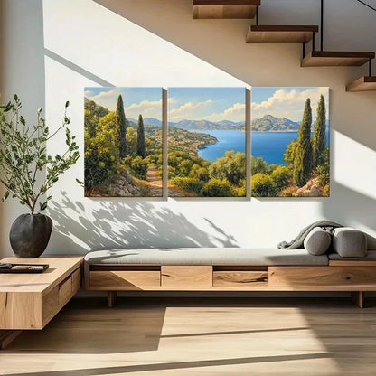 3pcs Mediterranean Coastal Landscape Mountains Metal Print Ready to Hang Art - Bella Home Decor