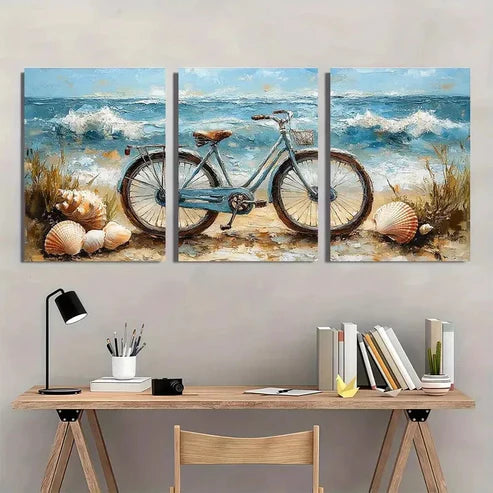 3pcs Ocean Coastal Scene with Seashells Bicycle  Wall Art Set Canvas Unframed - High Quality Print 100% Australian Made Wall Canvas