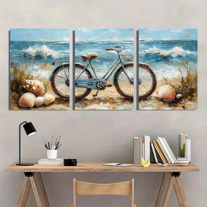 3pcs Ocean Coastal Scene with Seashells Bicycle  Wall Art Set Canvas Unframed - High Quality Print 100% Australian Made Wall Canvas