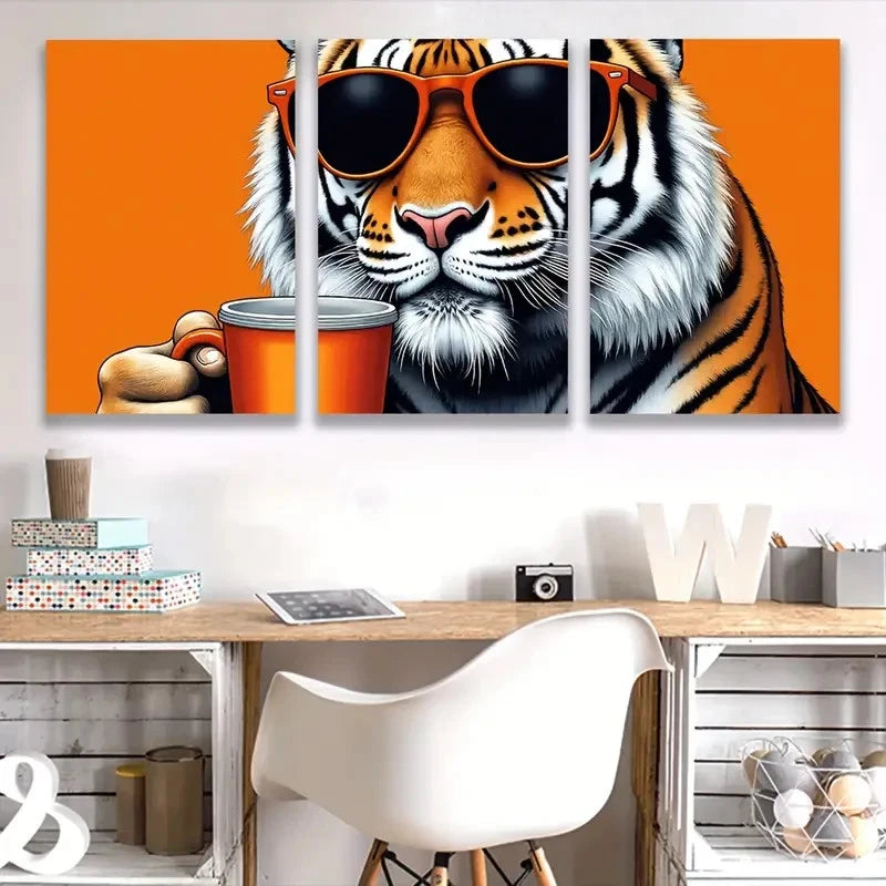 3pcs Tiger in Fashion Glasses Holding Cup  Wall Art Set Canvas Framed 50x70cm - High Quality Print 100% Australian Made Wall Canvas Ready to Hang - Bella Home Decor