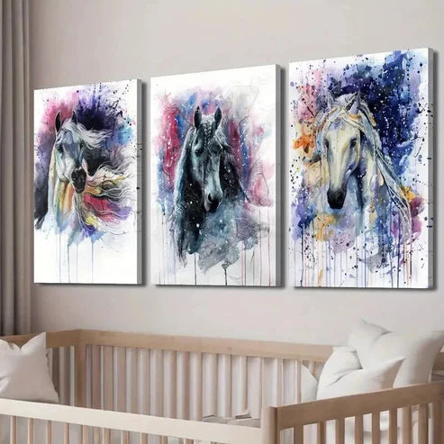 3pcs Colorful Abstract Horse Painting Wall Art Set Canvas Unframed - High Quality Print 100% Australian Made Wall Canvas - Bella Home Decor