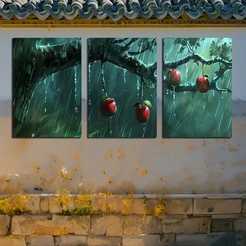 3pcs Apples on Branches Raining Scene Metal Print Ready to Hang Art