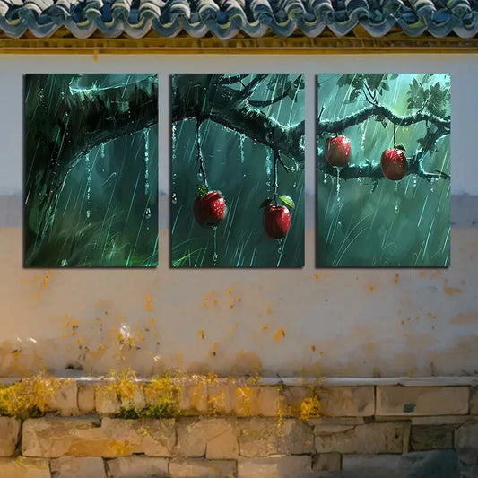 3pcs Apples on Branches Raining Scene Metal Print Ready to Hang Art