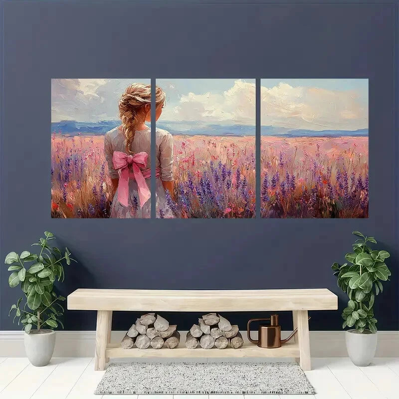 3pcs Pink Bow Art Wildflowers Bouquet Painting Metal Print Ready to Hang Art - Bella Home Decor