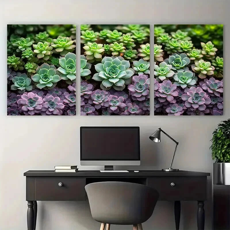 3pcs Natural Green and Purple Succulent Plants Metal Print Ready to Hang Art - Bella Home Decor