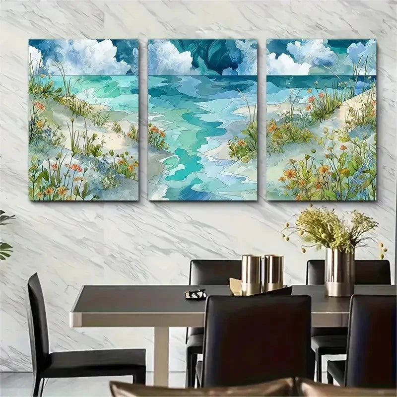 3pcs Overgrown Beach Scenes Painting Perfect Wall Art Set Canvas Framed 50x70cm - High Quality Print 100% Australian Made Wall Canvas Ready to Hang