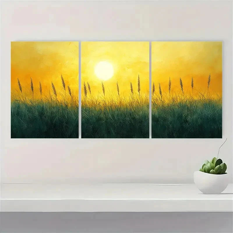 3pcs Sun kissed Grassland Metal Yellow Olive Green Print Ready to Hang Art - Bella Home Decor