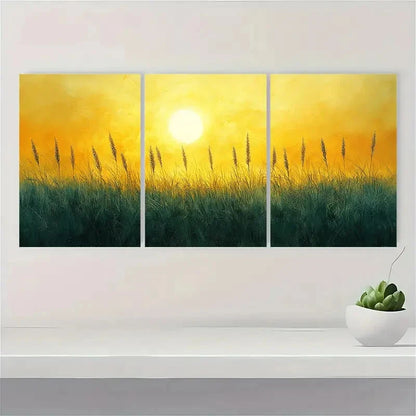 3pcs Sun kissed Grassland Metal Yellow Olive Green Print Ready to Hang Art - Bella Home Decor