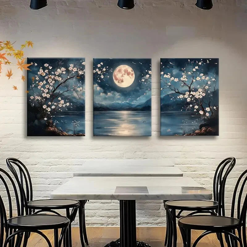 3pcs Serene Night Landscape with Full Moon Metal Print Ready to Hang Art - Bella Home Decor