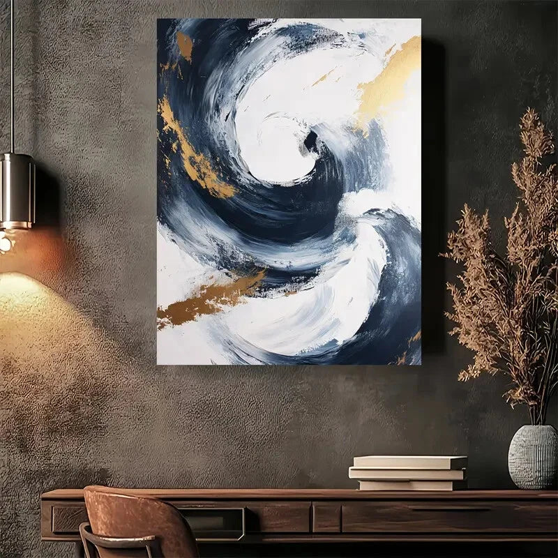 Beautiful Blue White & Golden on Black Painting 40x60cm Metal Print Ready to Hang - Bella Home Decor