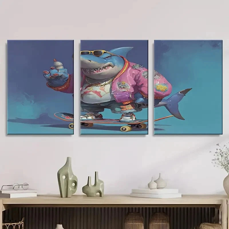 3pcs Jeff The Landshark Wall Art Set Canvas Framed 60x90cm - High Quality Print 100% Australian Made Wall Canvas Ready to Hang