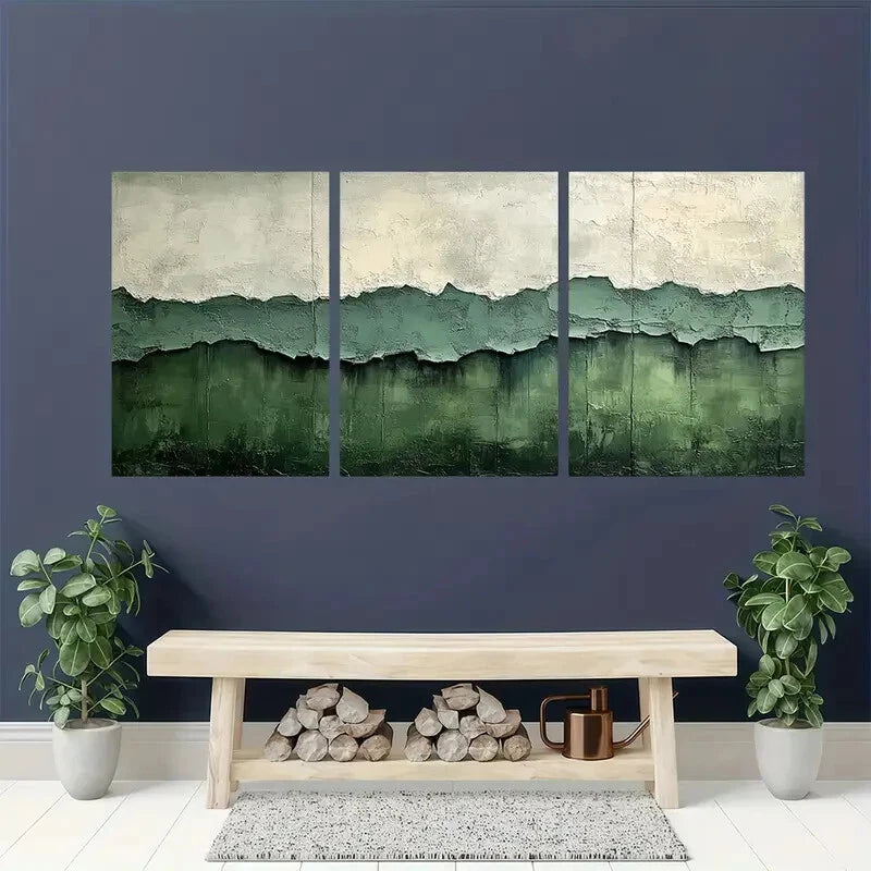 3pcs Abstract Green & White Textured Metal Print Ready to Hang Art - Bella Home Decor