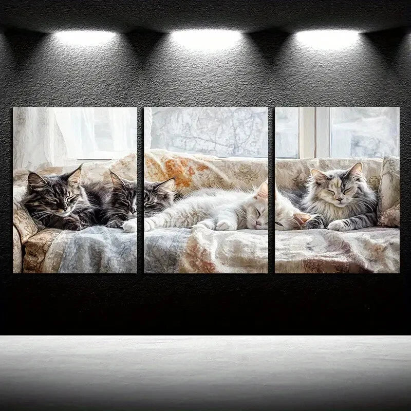 3pcs Charming Cat on Sofa Illustration Metal Print Ready to Hang Art - Bella Home Decor