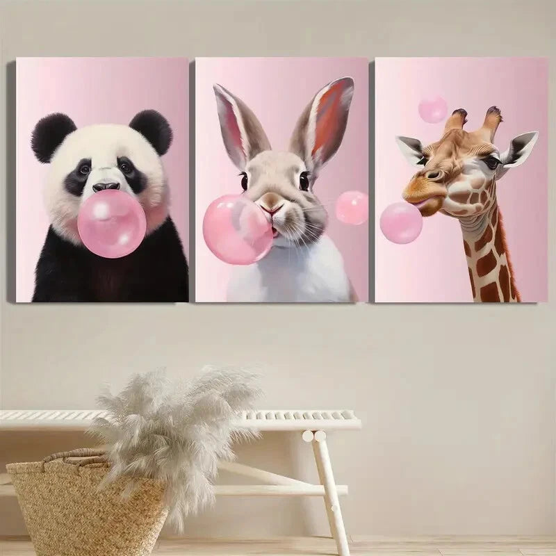 3pcs Giant Panda Rabbit & Giraffe Blowing Bubbles Metal Print Ready to Hang Art - Bella Home Decor