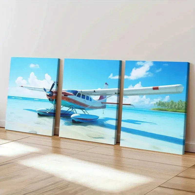 3pcs Australian Tropical Seaplane Beach Landing  Wall Art Set Canvas Framed 40x60cm - High Quality Print 100% Australian Made Wall Canvas Ready to Hang - Bella Home Decor