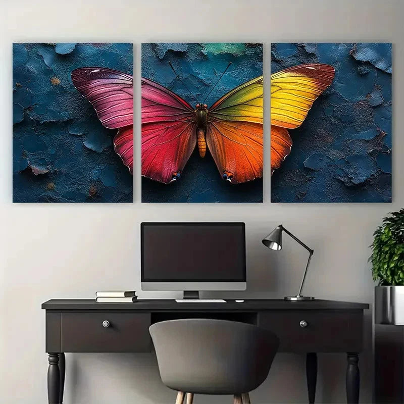 3pcs Vibrant Rainbow Butterfly Abstract Nature Metal Print Ready to Hang Art - Bella Home Decor