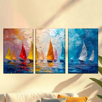 3pcs sail boats abstract oil painting Wall Art Set Canvas Framed 50x70cm - High Quality Print 100% Australian Made Wall Canvas Ready to Hang