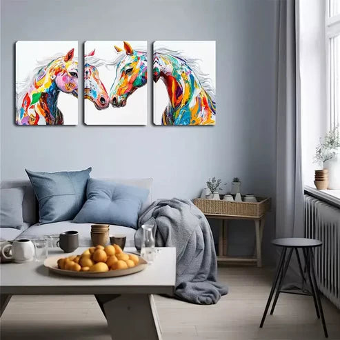 3pcs Two Colorful Horses Wall Art Canvas Unframed - High Quality Print 100% Australian Made Wall Canvas