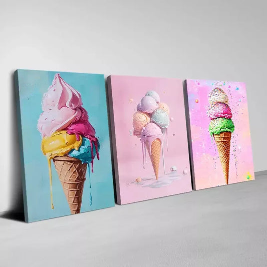 3pcs Interesting Colorful Ice Cream Painting Art Set Canvas Framed 50x70cm - High Quality Print 100% Australian Made Wall Canvas Ready to Hang