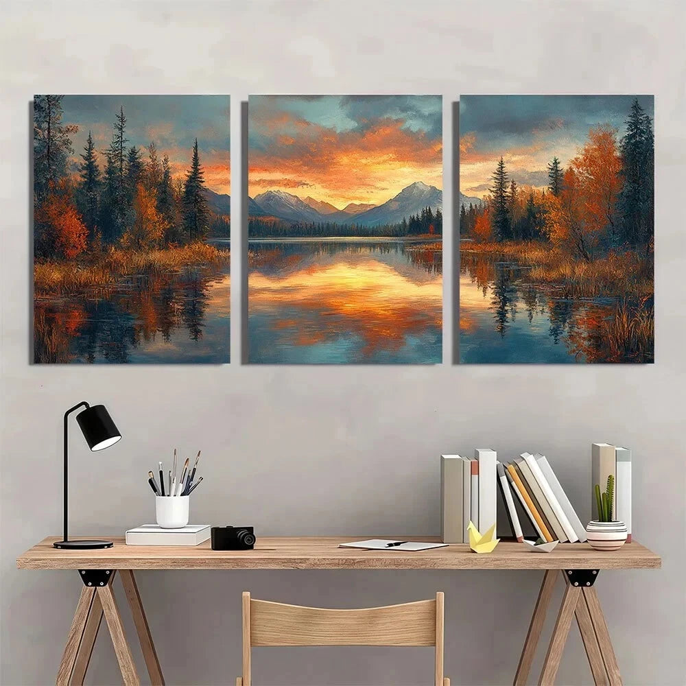 3pcs Modern Lake Nature Scenery Metal Print Ready to Hang Art - Bella Home Decor