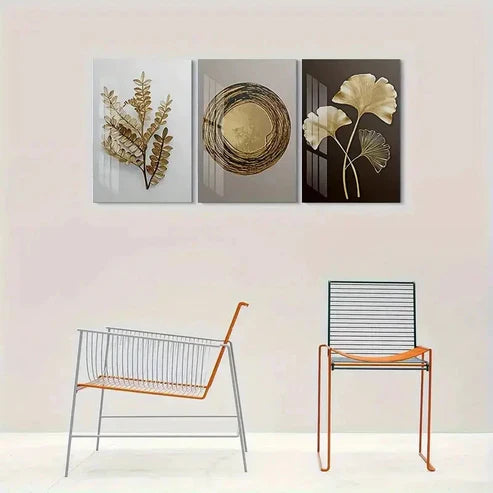 3pcs Golden Leaf Modern Abstract Wall Art Set Canvas Unframed - High Quality Print 100% Australian Made Wall Canvas - Bella Home Decor