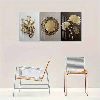 3pcs Golden Leaf Modern Abstract Wall Art Set Canvas Unframed - High Quality Print 100% Australian Made Wall Canvas - Bella Home Decor