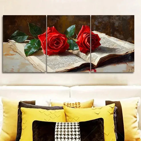 3pcs Red roses from the newspaper Wall Art Set Canvas Unframed - High Quality Print 100% Australian Made Wall Canvas