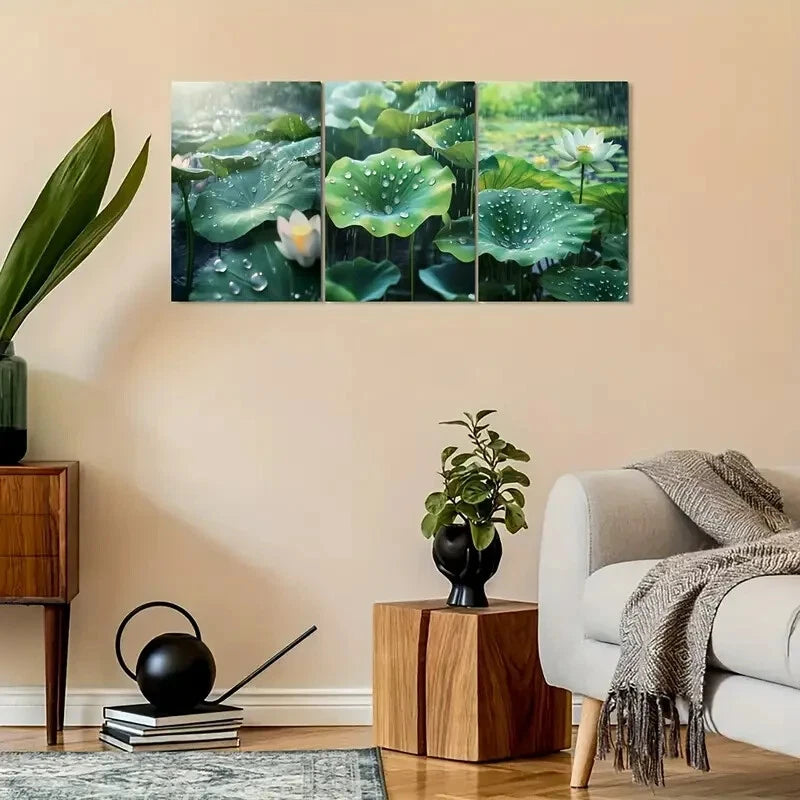 3pcs Vintage Lotus & Raindrop Design Metal Print Ready to Hang Art - Bella Home Decor