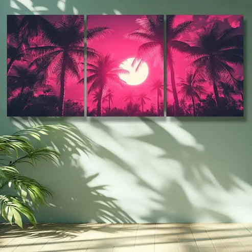 3pcs Vibrant Pink Palm Tree & Moon Night Wall Art Set Canvas Unframed - High Quality Print 100% Australian Made Wall Canvas