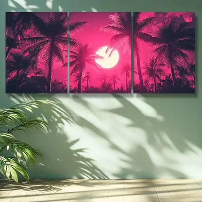 3pcs Vibrant Pink Palm Tree & Moon Night Wall Art Set Canvas Unframed - High Quality Print 100% Australian Made Wall Canvas