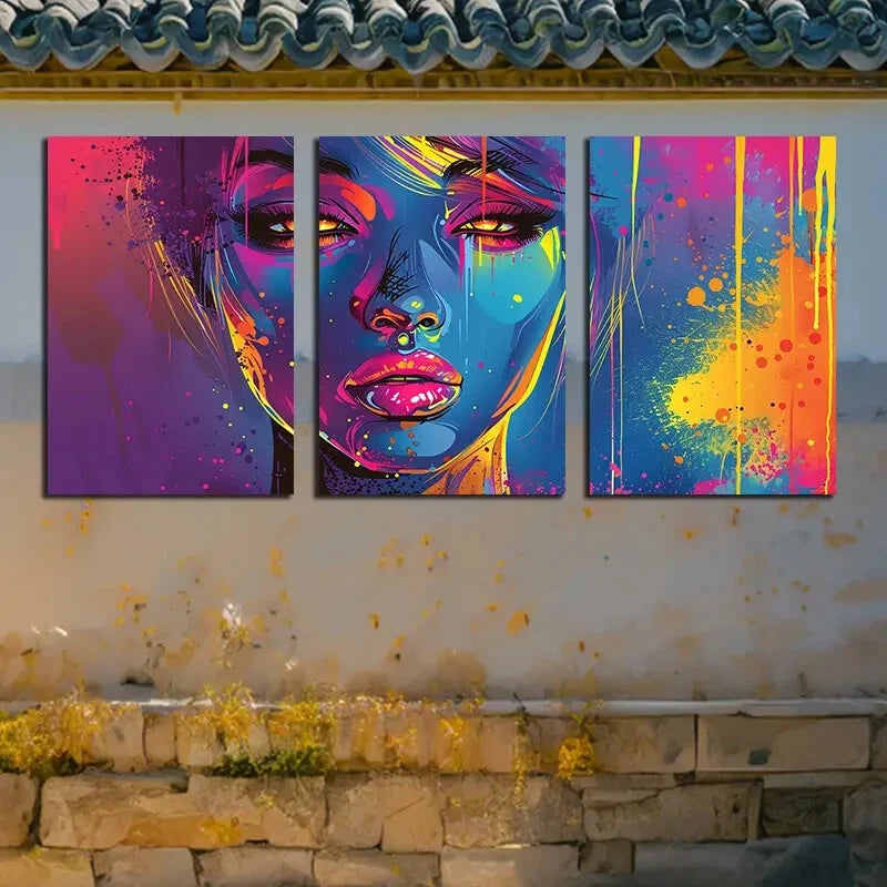 3pcs Vibrant Splash Paint Woman Portrait Metal Print Ready to Hang Art - Bella Home Decor