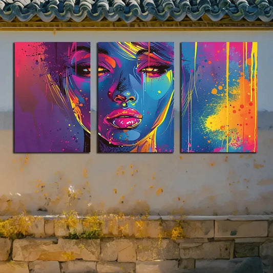 3pcs Vibrant Splash Paint Woman Portrait Metal Print Ready to Hang Art