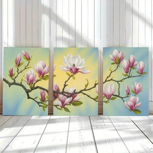 3pcs Serene Pink & White Magnolia Branches Metal Print Ready to Hang Art