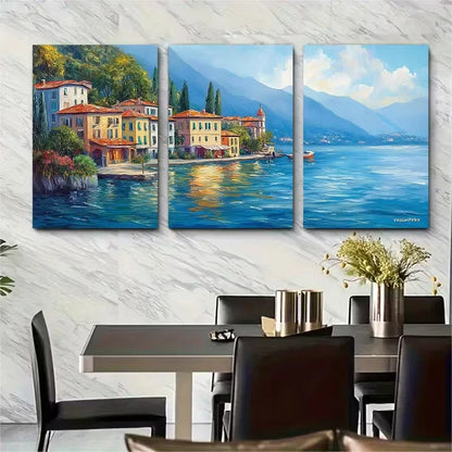3pcs Houses Painting Italian Seascape Metal Print Ready to Hang Art