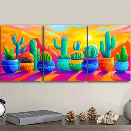 3pcs Cactus in colorful flower POTS Art Painting Metal Print Ready to Hang Art