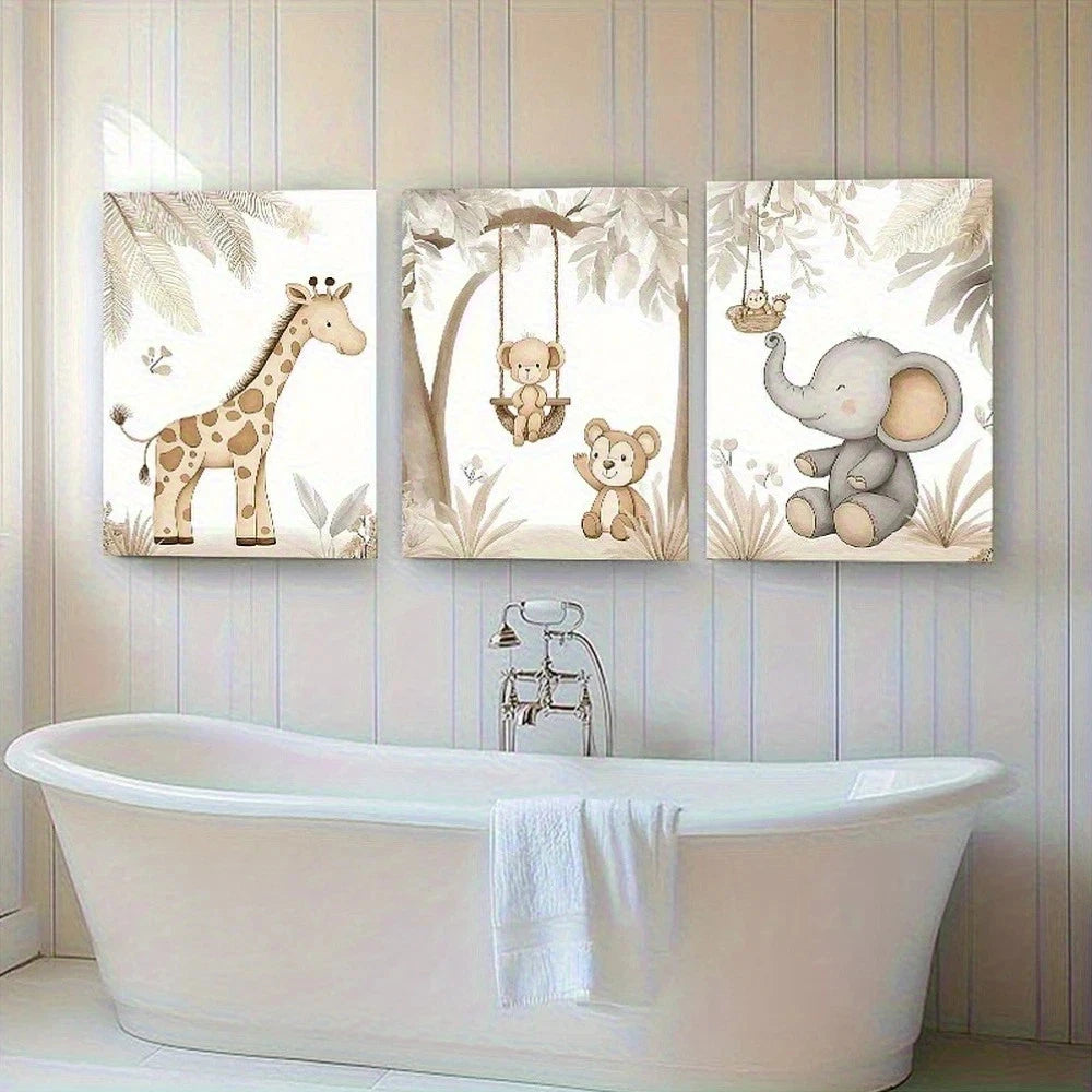 3pcs Anima Giraffe Elephant & Monkey Metal Print Ready to Hang Art - Bella Home Decor