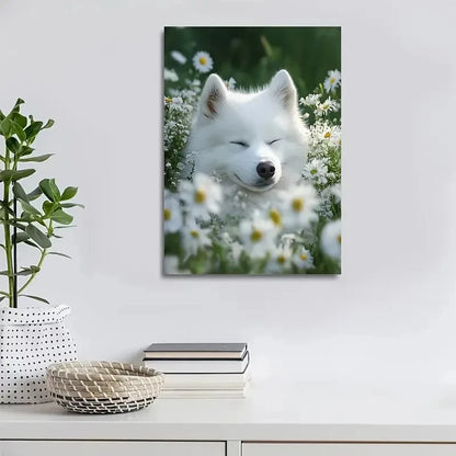 Beautiful Samoyed Dog Among Flowers And Plants 40x60cm Metal Print Ready to Hang