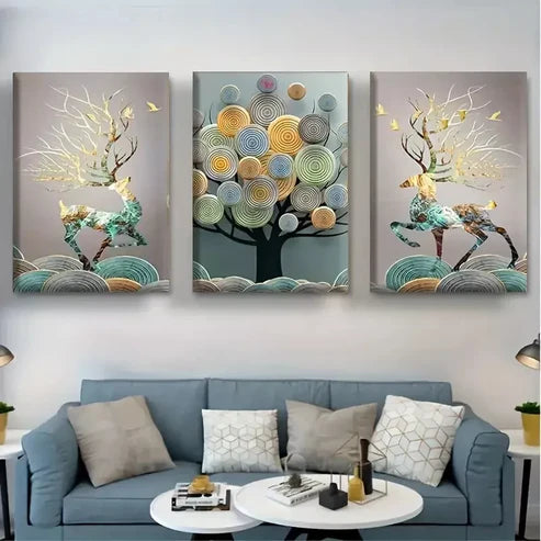 3pcs Abstract Chinese Feng Shui Golden Rich Tree Wall Art Set Canvas Unframed - High Quality Print 100% Australian Made Wall Canvas - Bella Home Decor
