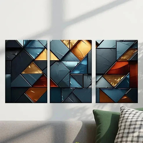3pcs Blue Golden & Black Triangles Wall Art Set Canvas Unframed - High Quality Print 100% Australian Made Wall Canvas - Bella Home Decor