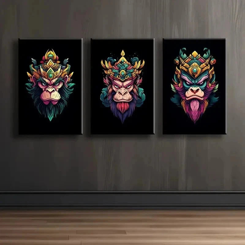 3pcs Cartoon Monkey Head Modern Wall Art Set Canvas Framed 50x70cm - High Quality Print 100% Australian Made Wall Canvas Ready to Hang - Bella Home Decor