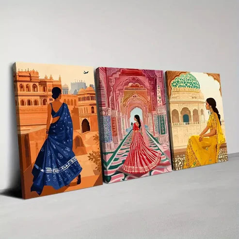 3pcs Charming Vintage Traditional Indian Art Set Canvas Unframed - High Quality Print 100% Australian Made Wall Canvas