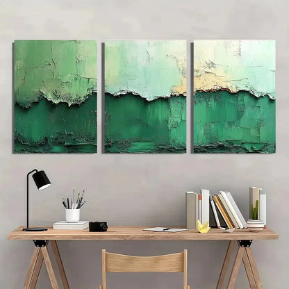 3pcs Minimalist Abstract Green & White Textured Metal Print Ready to Hang Art - Bella Home Decor